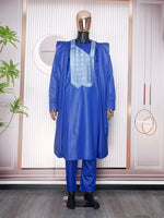 HDAfricanDress African Men Tradition Wedding Party Clothing Embroidery Blue Shirt Pant 3 PCS Dashiki Agbada 102
