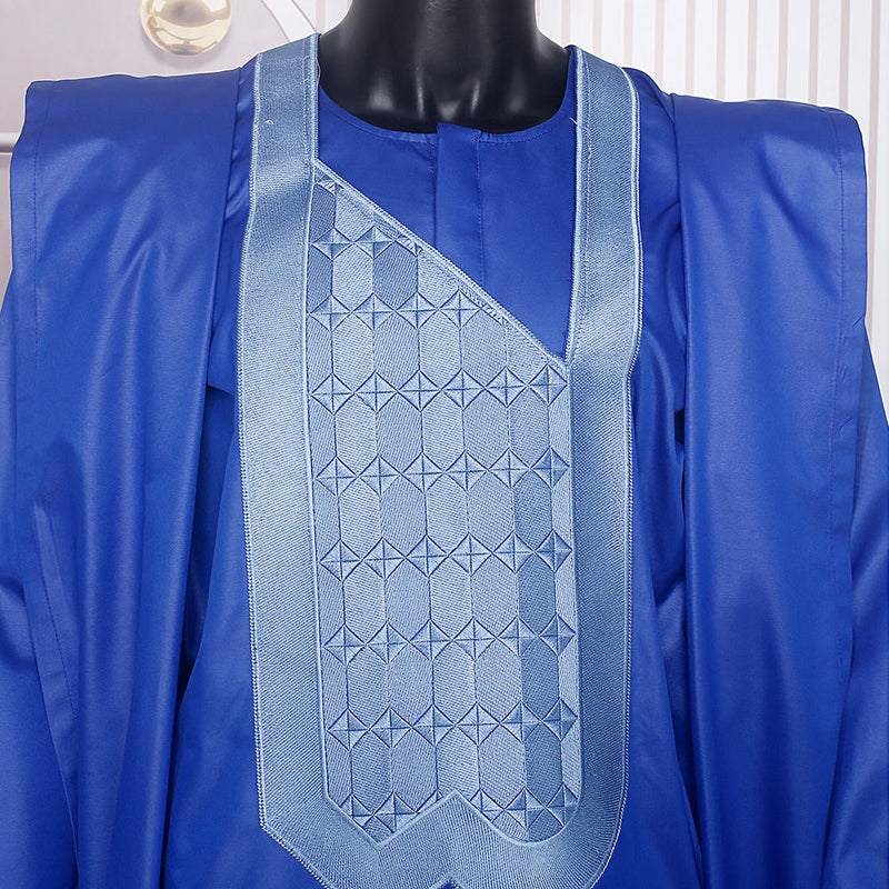 HDAfricanDress African Men Tradition Wedding Party Clothing Embroidery Blue Shirt Pant 3 PCS Dashiki Agbada 107