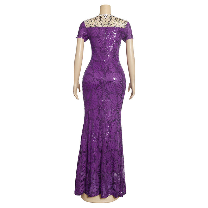 HDAfricanDress Sequin Lace Luxury Evening Dresses Short Sleeve Gown Wedding Party Dresses 103